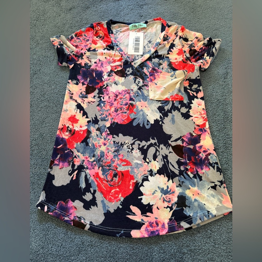 Filly Flair Floral V-Neck Top - Red, Pink, Blue